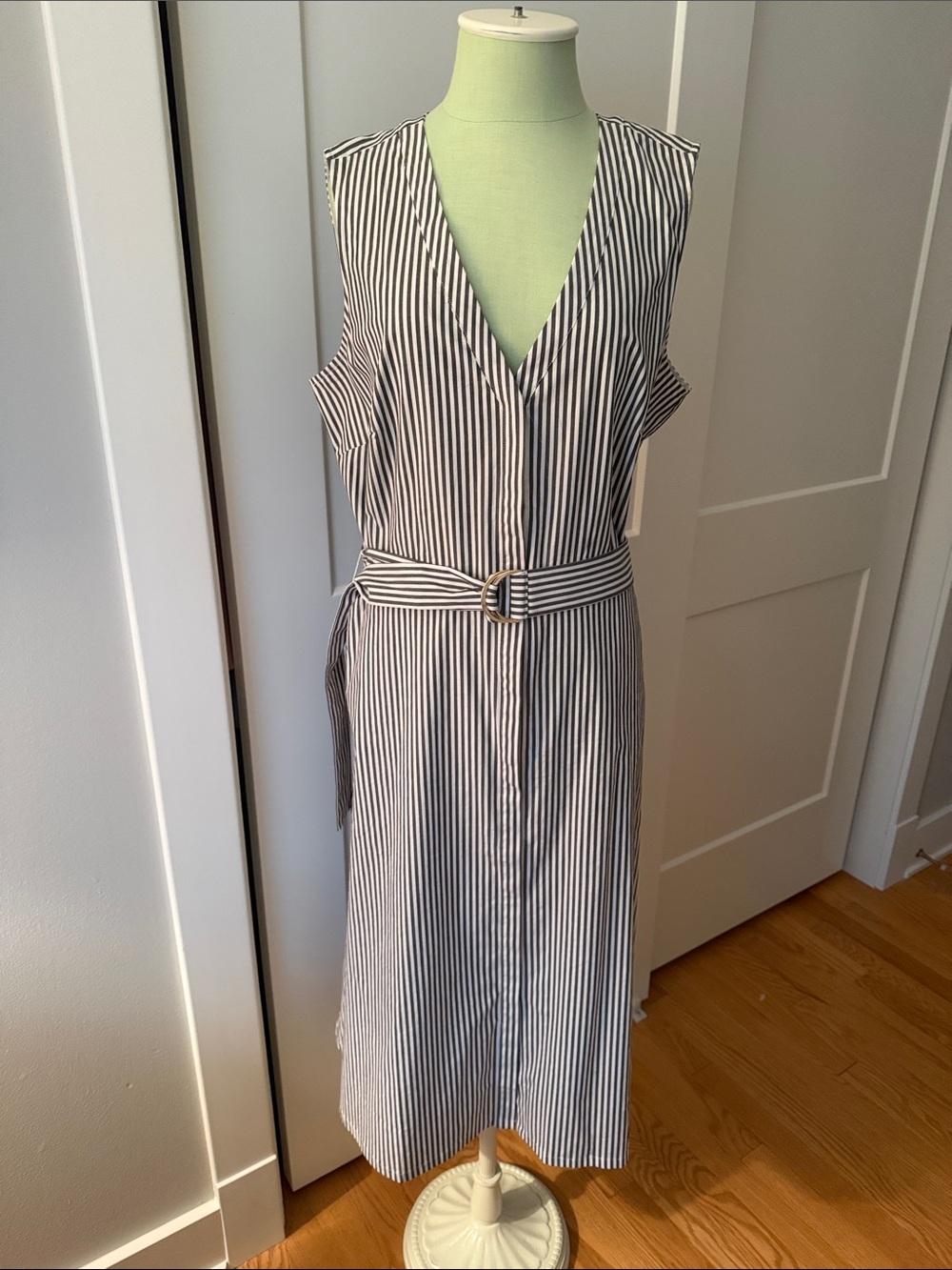 WHBM Sleeveless V-Neck Striped Midi Dress with Belt